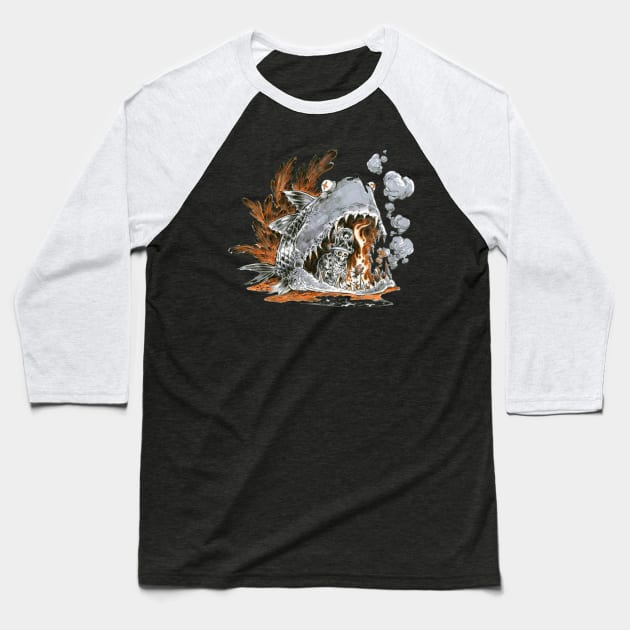 fish eat skeleton Baseball T-Shirt by wannabeai